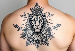 powerful majestic lion with a crown, surrounded by floral ornaments and birds tattoo idea