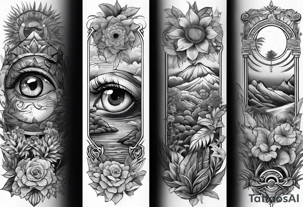 full arm sleeve tattoo with all-seeing eye and jungle plants tattoo idea