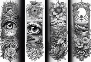 full arm sleeve tattoo with all-seeing eye and jungle plants tattoo idea