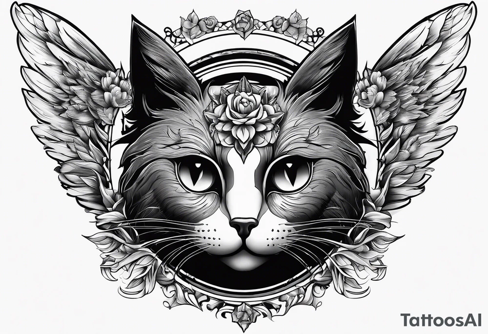 black cat with angel halo tattoo idea