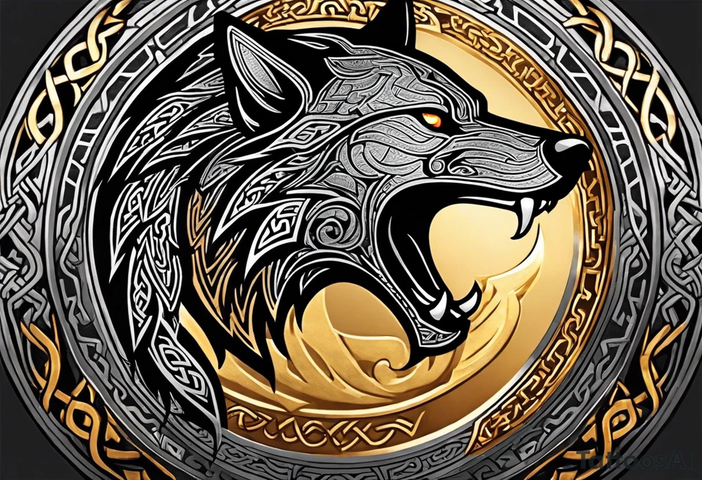 A powerful tattoo design combining Nordic, Greek, and Celtic symbols to represent someone who made you believe in humanity's goodness, only to turn out to be its ultimate betrayer. The centerpiece is a snarling wolf, symbolizing Fenrir, with glowing eyes and an open mouth, representing betrayal and destruction. Surrounding the wolf is the Ouroboros, a serpent eating its own tail, symbolizing the endless cycle of trust and betrayal. The Triskelion, with its three interlocking spirals, appears in the background or as a border, representing the shifting balance between light and dark. Incorporate fire and ice elements to reflect the contrast between warmth (trust) and coldness (betrayal), with Celtic knotwork and runes adding ancient, mystical depth to the design. tattoo idea