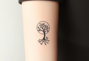 A tree inside of the sun, with little leaves, with an outward spiral line (moving to the right), as its roots, encircling the entire tree tattoo idea