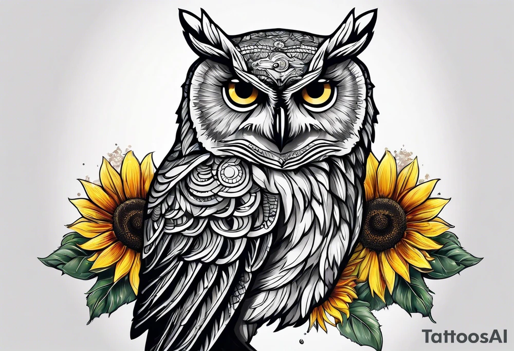 Arm sleeve with owl and sunflowers tattoo idea