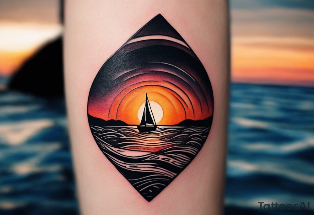 This tattoo needs to be incredibly simple and minimal. It's a sunset from the perspective of being on a boat on the ocean. The waves are very calm and there is no land in site. There are slight reflections of the sun on the water. The tattoo will be in landscape orientation. Mostly black with small splashes of color from the sun. There should be no objects in the tattoo besides the sun, water, and maybe some clouds and a bird or two. No land or boats. tattoo idea