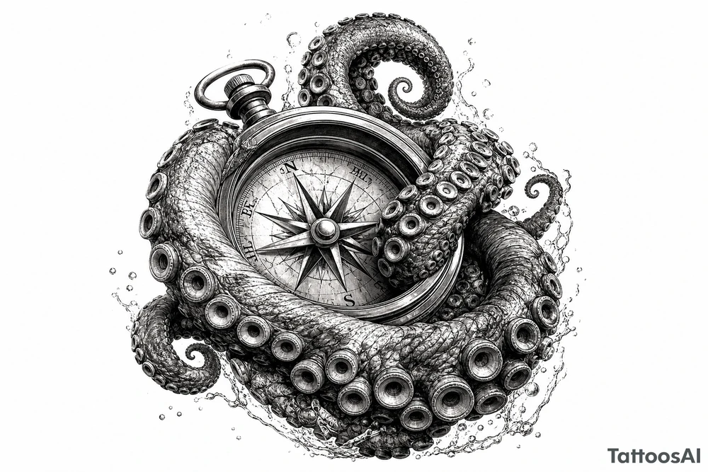 Close-up of kraken tentacles gripping a brass compass, deep ocean shadows. tattoo idea