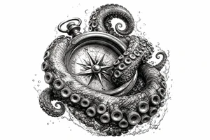 Close-up of kraken tentacles gripping a brass compass, deep ocean shadows. tattoo idea