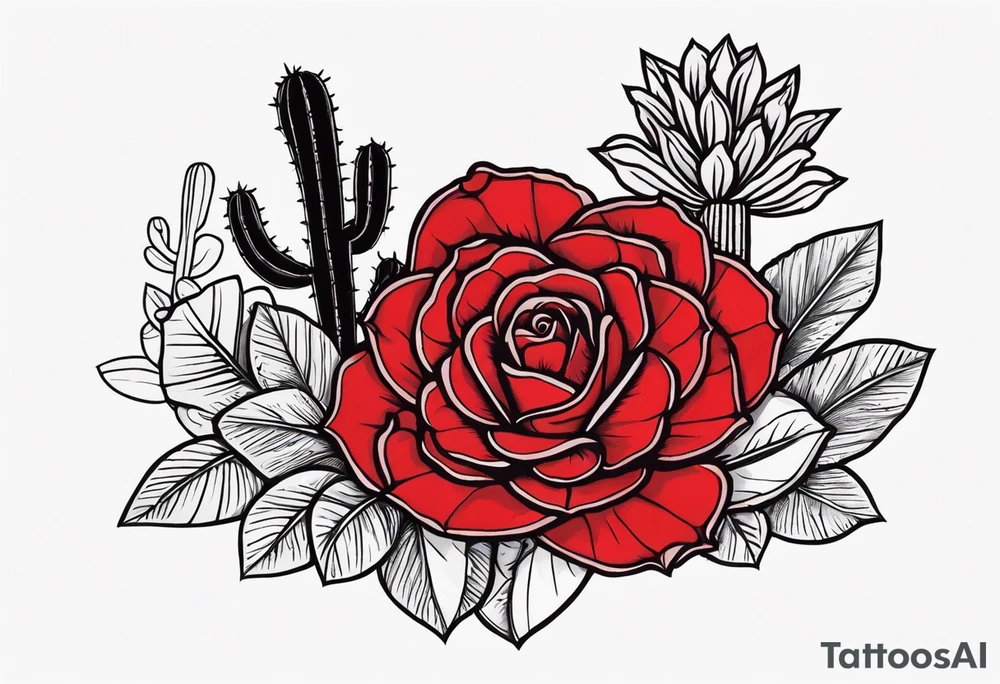 red rose, Mexican hat,  cactus, without skull, day of dead tattoo idea
