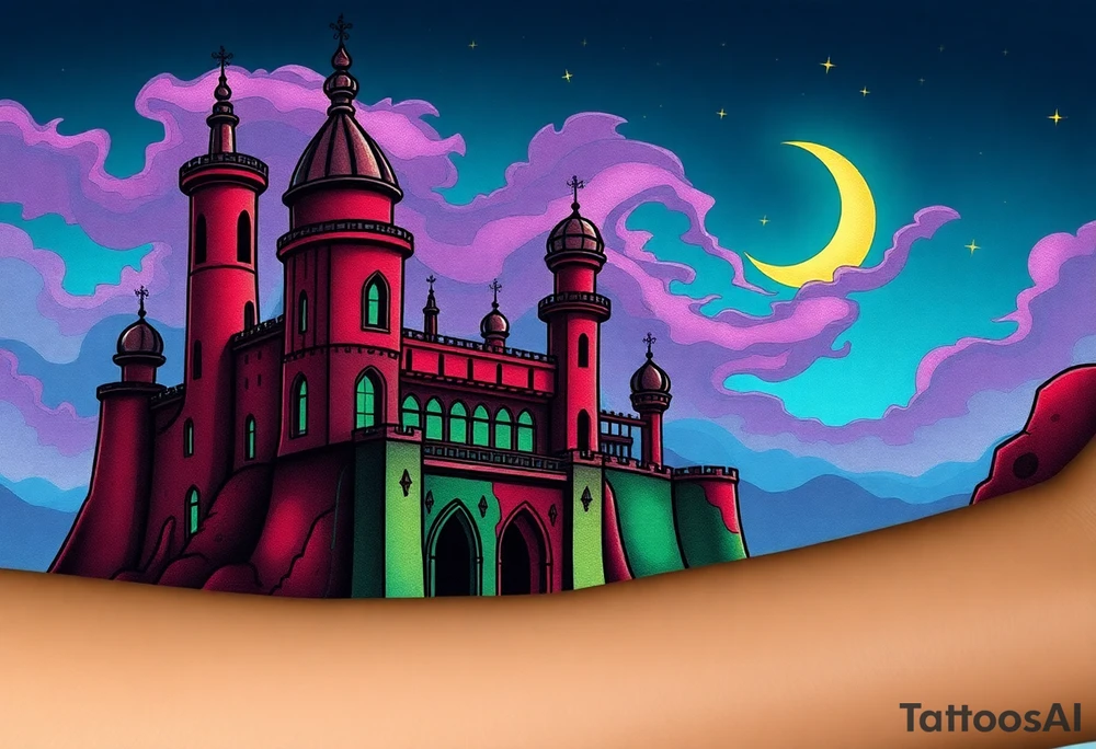 Tim Burton’s haunted Arabian castle is abandoned and dripping with muted reds, dusty pinks, and eerie green glow.purple and cyan smokey clouds swirl in the crescent moonlit sky thats sprinkled with stars tattoo idea tattoo idea