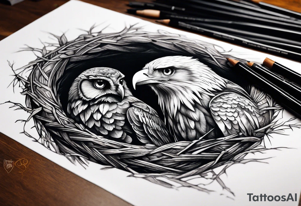 Owl, raven, eagle cuddled in a nest, looking down into the nest tattoo idea