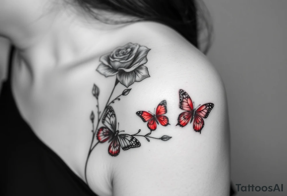 Rose and daffodil with 2 red butterflies one larger than other female tattoo on shoulder/chest tattoo idea