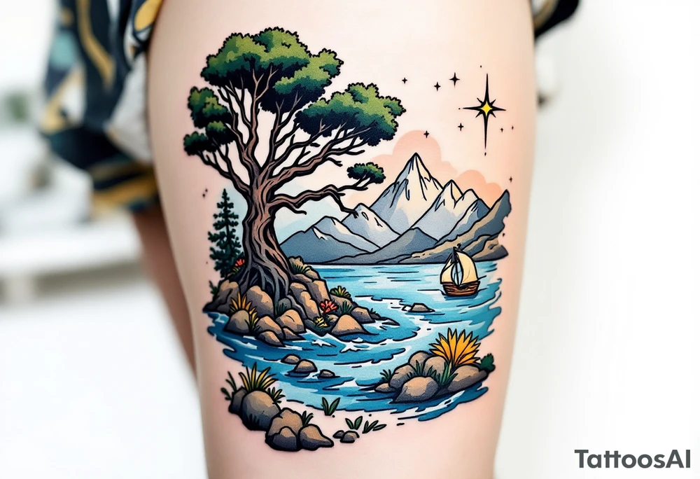 tattoo that has an acacia tree with mountains, ocean with a ship wreck and the northern star tattoo idea