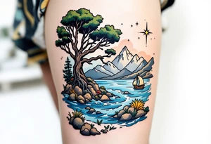 tattoo that has an acacia tree with mountains, ocean with a ship wreck and the northern star tattoo idea