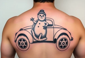 Snowman in a hot rod vw beetle tattoo idea