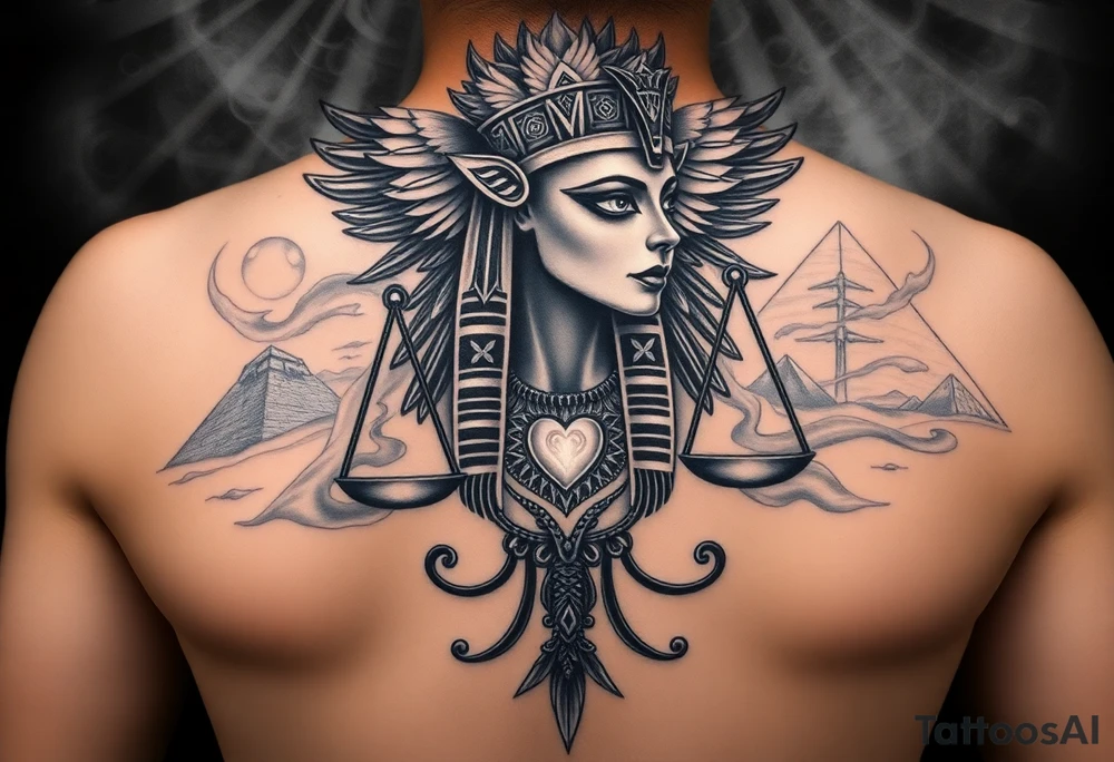 “Super realistic black and grey tattoo of the Egyptian goddess Ma’at, depicted as a regal woman with an ostrich feather headdress, intense glowing eyes, and intricate ancient Egyptian jewelry. She stands or floats amidst swirling cosmic energy and beams of light, with subtle hieroglyphics and pyramids in the background. Incorporate the Scales of Justice—one side holding a heart, the other Ma’at’s feather—glowing with ethereal energy. Emphasize dramatic lighting, deep shadows, and surreal, mystical atmosphere to match a sleeve with Anubis and cosmic motifs. Design should flow with existing sleeve art, using soft transitions and layered textures. tattoo idea
