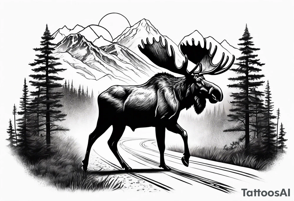 moose on road which goes between the forest. mountain background tattoo idea