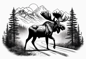 moose on road which goes between the forest. mountain background tattoo idea