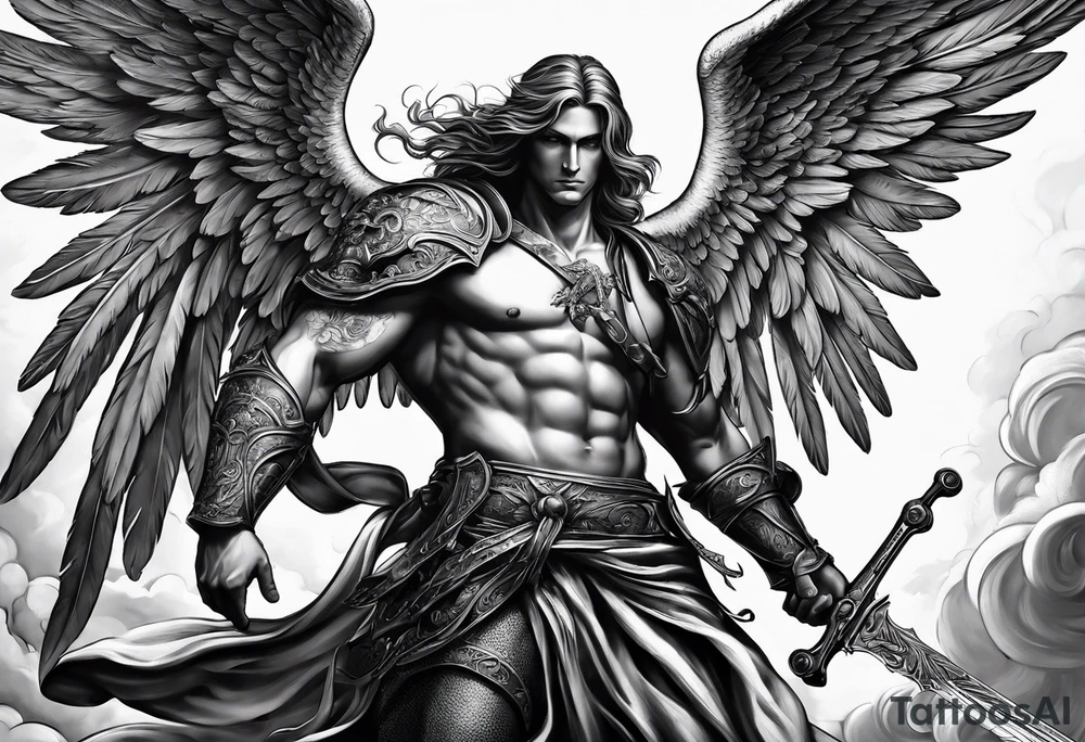 Male American guardian angel with a sword and angel from hell combined together tattoo idea