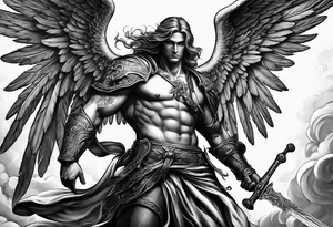 Male American guardian angel with a sword and angel from hell combined together tattoo idea