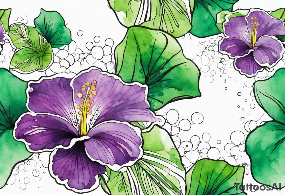 An outline of a green rio dipladenia flower and a green and purple watercolor splash in the background tattoo idea