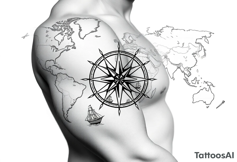 antique compass rose overlaid on weathered world map with sailing ships tattoo idea antique compass rose overlaid on weathered world map with sailing ships tattoo idea