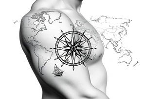 antique compass rose overlaid on weathered world map with sailing ships tattoo idea