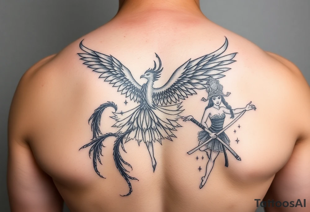feathery soft tattoo, fine line, with a phoenix, a ballet dancer and a samurai. tattoo idea
