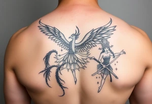 feathery soft tattoo, fine line, with a phoenix, a ballet dancer and a samurai. tattoo idea