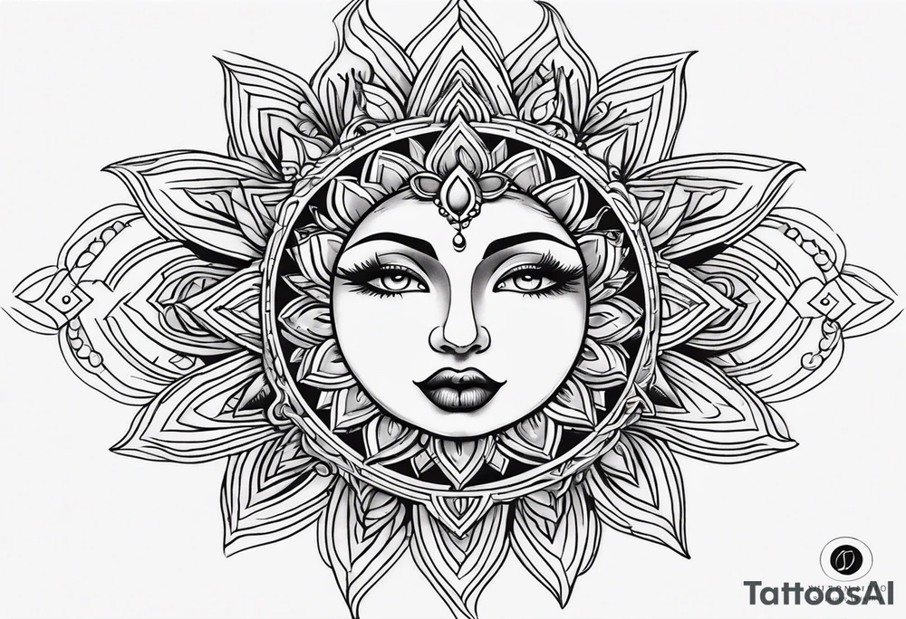 Small Traditional sun with feminine eyes and lips shading around edges tattoo idea
