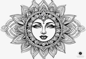 Small Traditional sun with feminine eyes and lips shading around edges tattoo idea