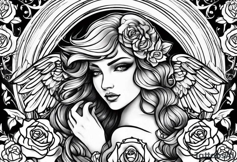 angel, roses, name MARTINA tattoo idea