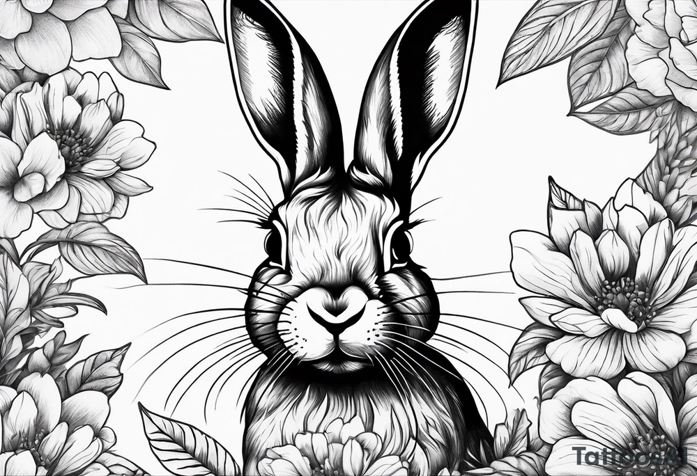 Realistic rabbit head in the middle of realistic flowers and leaves tattoo idea