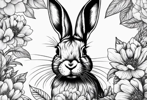 Realistic rabbit head in the middle of realistic flowers and leaves tattoo idea