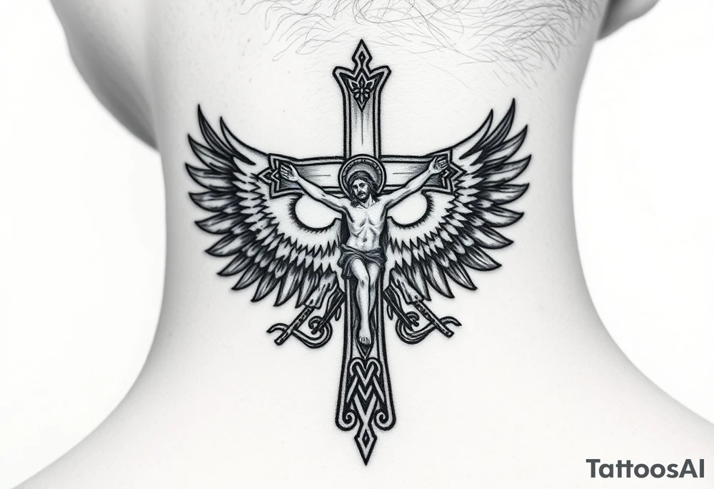 Traditional orthodox ICXC Christian cross with Jesus Christ on the cross also with the foot rest part of the cross in a Russian double headed eagle Kremlin setting tattoo idea
