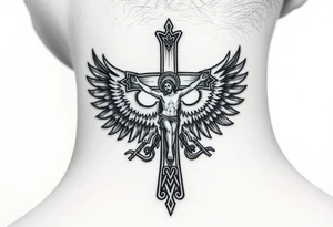 Traditional orthodox ICXC Christian cross with Jesus Christ on the cross also with the foot rest part of the cross in a Russian double headed eagle Kremlin setting tattoo idea