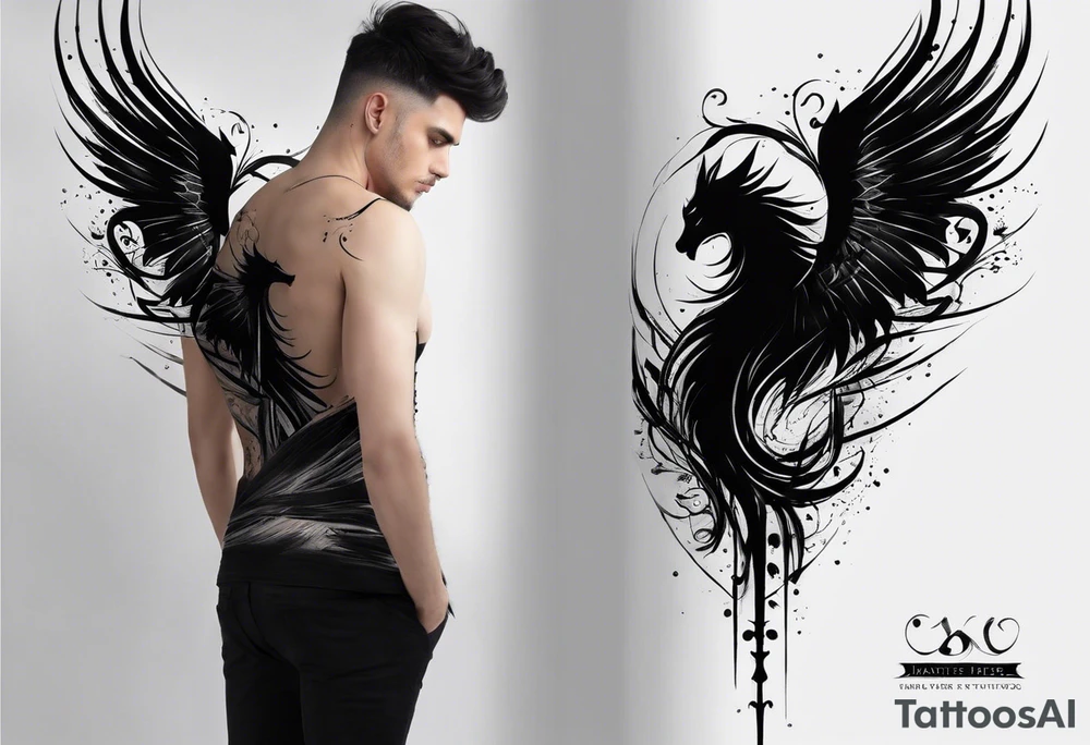 Certainly! Here’s a description for your back tattoo:

---

**Tattoo Description:**

Design: Black work, paint strokes.
Location: Back.
Concept: Dante's Inferno, representing the layers of hell.

**Design Details:**

1. **Vertical Lines:**
   - Two bold, vertical lines run parallel up the spine, symbolizing the journey through the depths of Dante's Inferno.

2. **Horizontal Lines:**
   - Nine horizontal lines intersect the vertical lines, each representing one of the nine circles of hell.
   - The lines descend down the back, each becoming progressively shorter and narrower to signify the decreasing levels of hell's circles.
   - The paint stroke style gives the lines a dynamic, brush-painted appearance, enhancing the dramatic and artistic effect.

3. **Overall Style:**
   - The black work technique ensures a striking contrast, with deep black ink emphasizing the severity and depth of the concept.
   - The paint stroke style adds an element of fluidity and movement, symbolizing the chaotic and tortured nature of hell as depicted in Dante’s Inferno.

---

This description provides a clear and detailed vision for your tattoo artist to work from, capturing the essence and symbolism of Dante’s Inferno in a powerful and visually striking way. tattoo idea