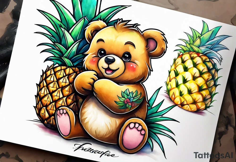 bear hugging pineapple tattoo idea