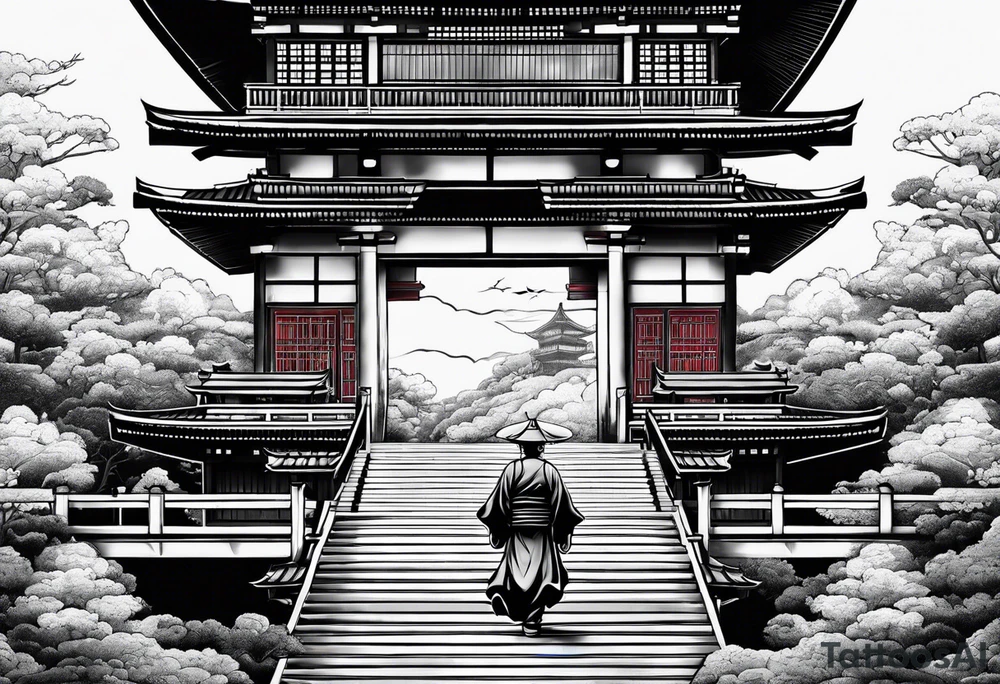 tower with ronin climbing the stairs tattoo idea