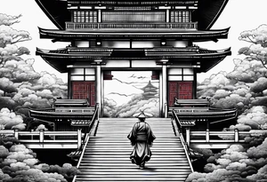 tower with ronin climbing the stairs tattoo idea