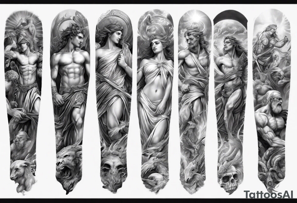 greek mythology
many details
full arm sleeve
realistic pictures tattoo idea