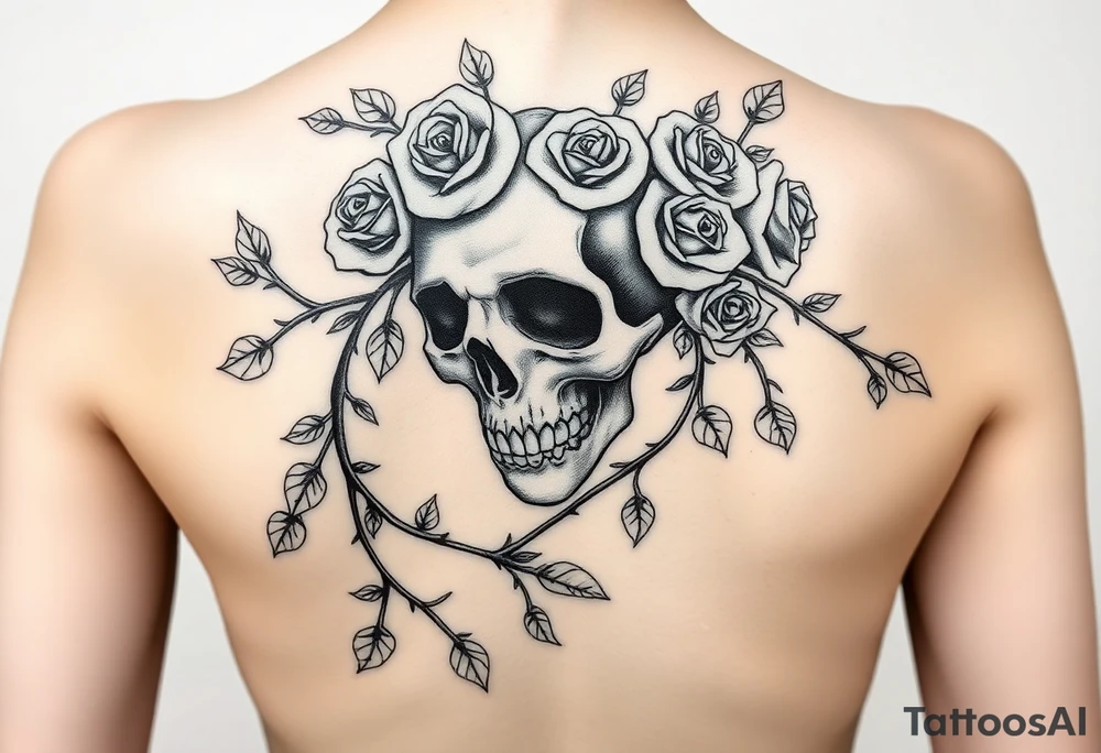 gothic skull intertwined with climbing roses and thorny vines tattoo idea