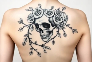 gothic skull intertwined with climbing roses and thorny vines tattoo idea