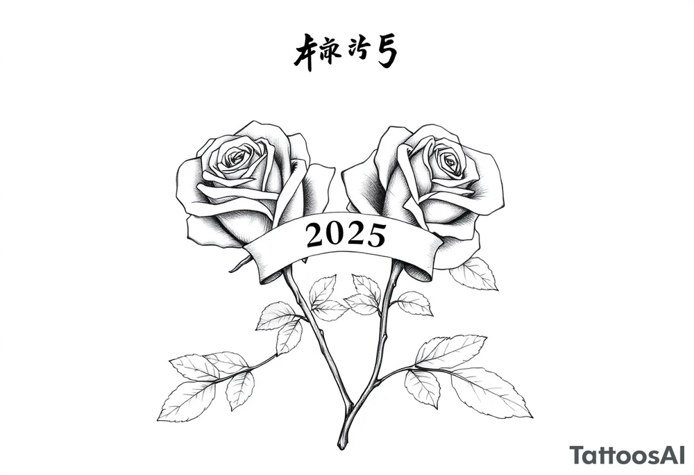 two beautiful rose buds, side by side, with many leaves and their stems intertwined, representing two people in love. Include a banner connecting the two roses with "2025" on it.  The word "Rose" written in Kanji above the drawing.  Use dark outlines with little shading tattoo idea