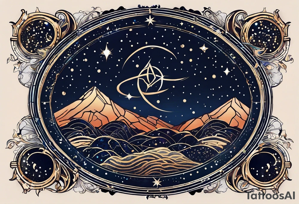 Matter, energy, space, time with an old stone theta symbol and a star-filled night in the background with a Scorpio constellation tattoo idea