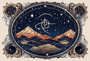 Matter, energy, space, time with an old stone theta symbol and a star-filled night in the background with a Scorpio constellation tattoo idea