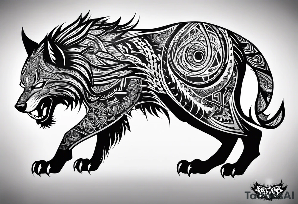 A tattoo designed for the knee, featuring the face of a feral beast with wild, exaggerated features, such as sharp fangs, intense eyes, and a snarling expression. The design incorporates large areas of white space for contrast, with beams of light or energy radiating outward from the beast’s eyes in a chaotic and powerful pattern. The overall look should be bold and primal, with flowing lines that adapt naturally to the curvature of the knee. tattoo idea
