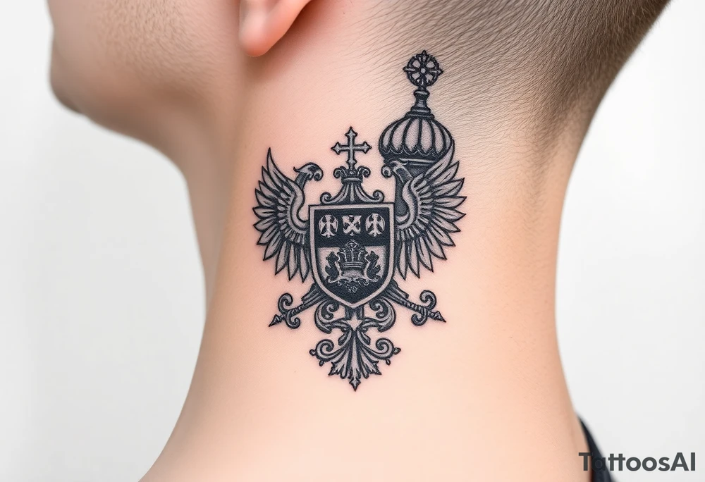 russian coat arms in a russian christian orthodox style virgin mary & orthodox dome church on the side of the neck tattoo idea
