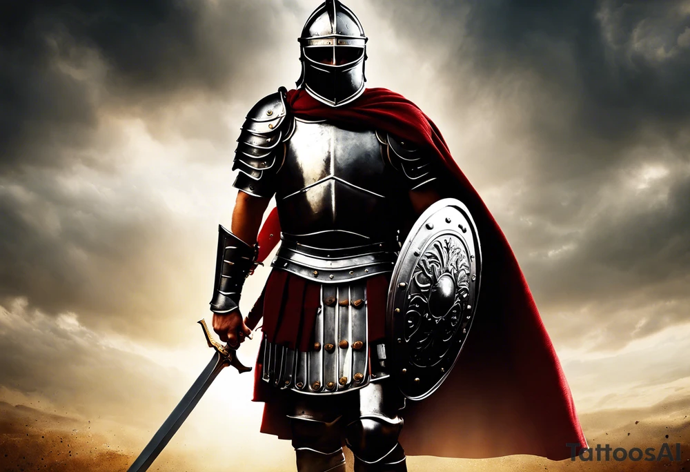 a high ranking roman soldier from AD 60, wearing armour which must include an armoured belt, breastplate, armoured shoes, shield, helmet and sword.
the soldier must look strong. the soldier is faceless. The image must include the full person, not just the top half. The soldier is mid-battle, fending off flaming arrows with his shield tattoo idea