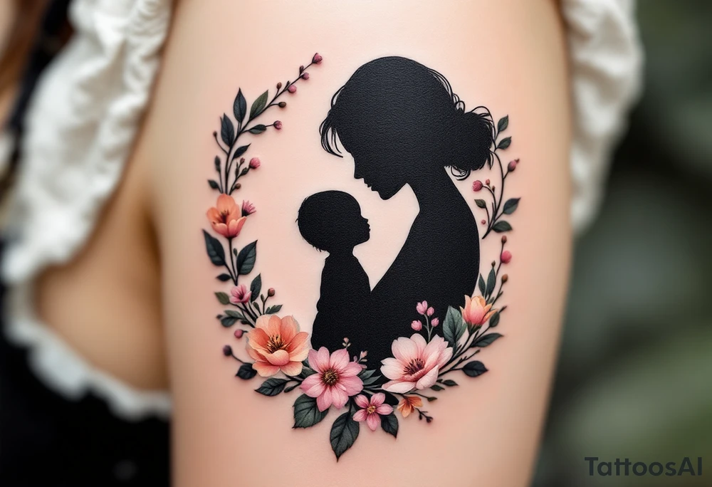 A silhouette of a mother and child in black ink encircled by a floral wreath in pastel hues represents nurturing and tenderness. tattoo idea