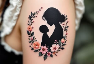 A silhouette of a mother and child in black ink encircled by a floral wreath in pastel hues represents nurturing and tenderness. tattoo idea