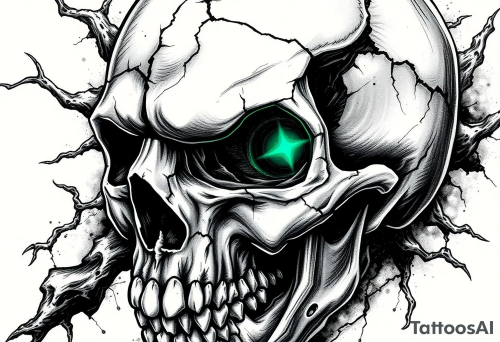Close-up of a cracked skull with glowing emerald eyes, dark fantasy art. tattoo idea
